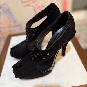 Pedro Garcia Black Suede Peep-Toe Heels